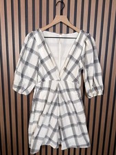 Free People Dress 0 / XS Womens White V Neck Long Sleeve Check Plaid