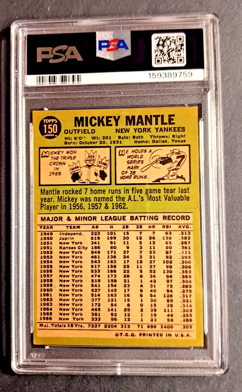 1967 Topps #150 Mickey Mantle PSA 4 Yankees view 2