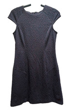 ANN TAYLOR Cap Sleeve Stretch Dress, 6, Textured Black/Maroon, Back Zip