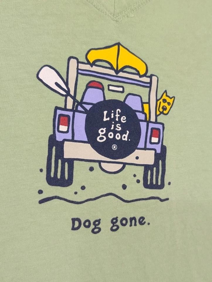 Life is Good “Dog Gone” Jeep Graphic V-Neck T-Shirt XS Sage Green Women’s - Image 3 of 4