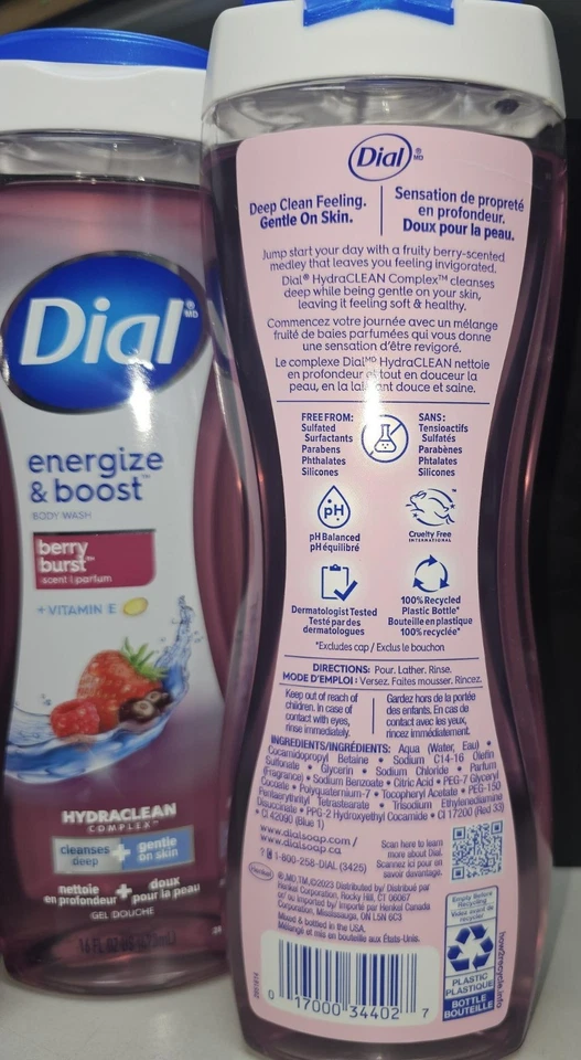 6 X DIAL Body Wash Energize & Boost, aroma BERRY BURST + vitamina E, 16 fl oz/CADA UNO Foto 2 de 2