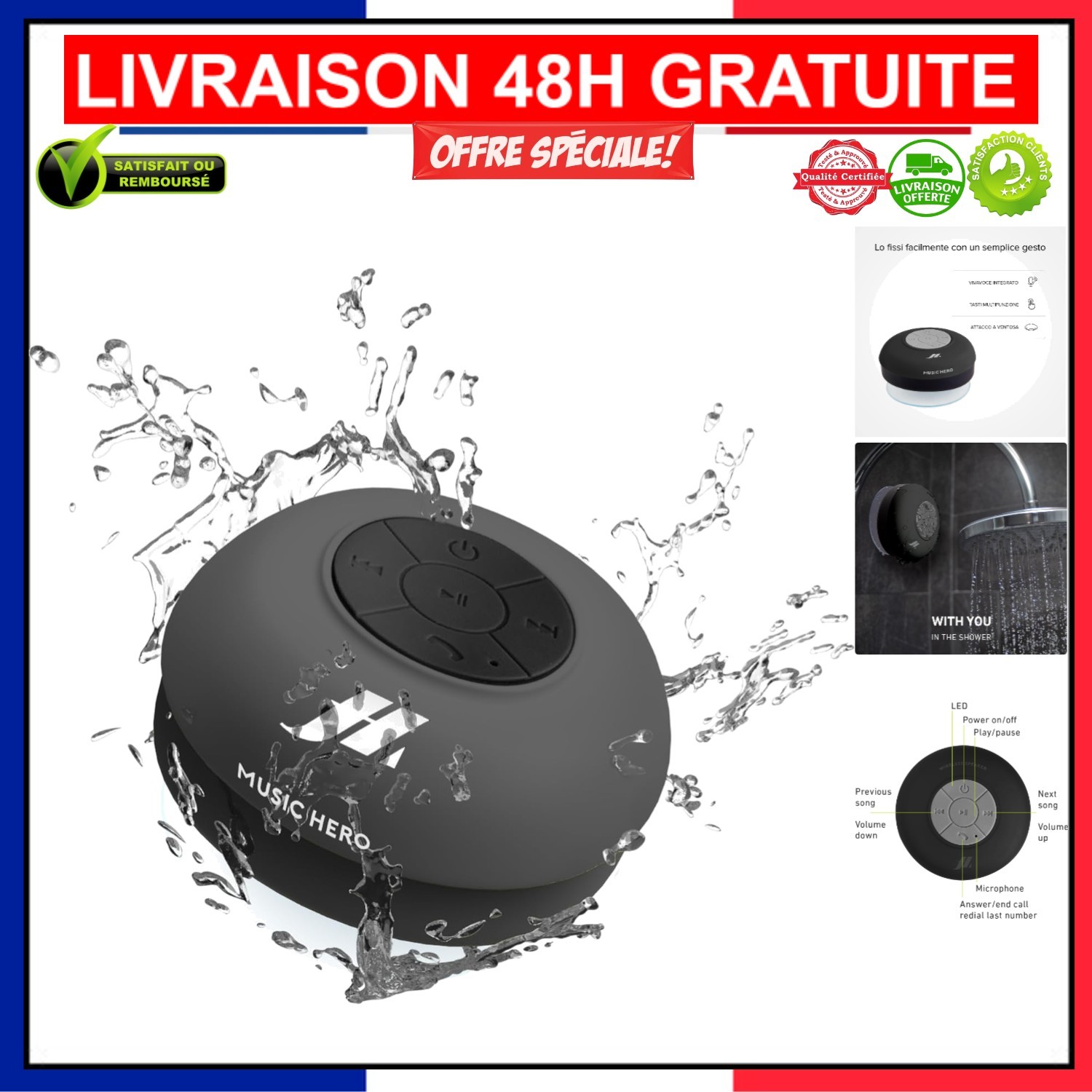 Mini haut-parleur Bluetooth compact ventouse étanche salle de bain et cuisine