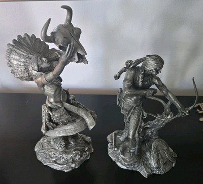 Lot of (2) Jim Ponter Pewter Medicine Man & Sioux Warrior Statues 1986 Pair 