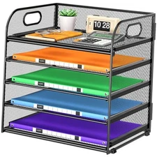 5 Tier Paper Organizer with Handle, Metal Mesh Desk Organizer File Folder 