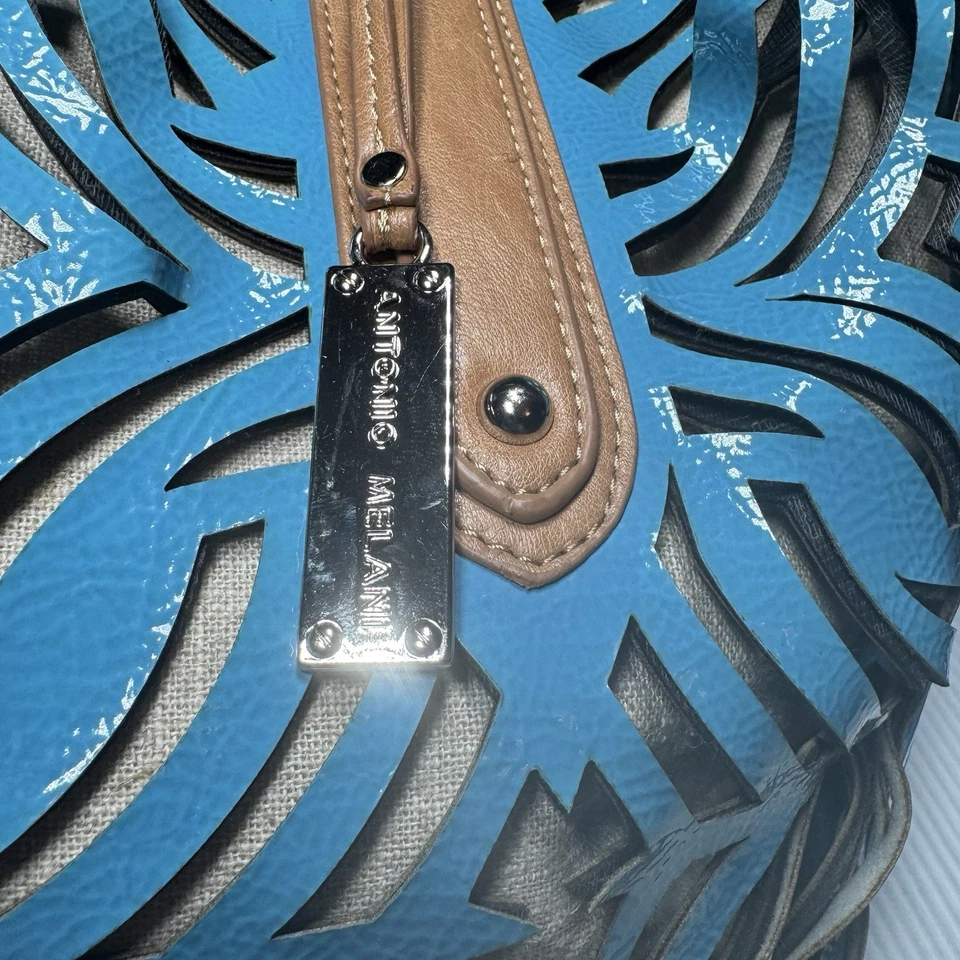 ANTONIO MELANI 工具专利托特包绿松石棕色人造皮革手提包全新带标签 Damag — 第 2/4 张图片