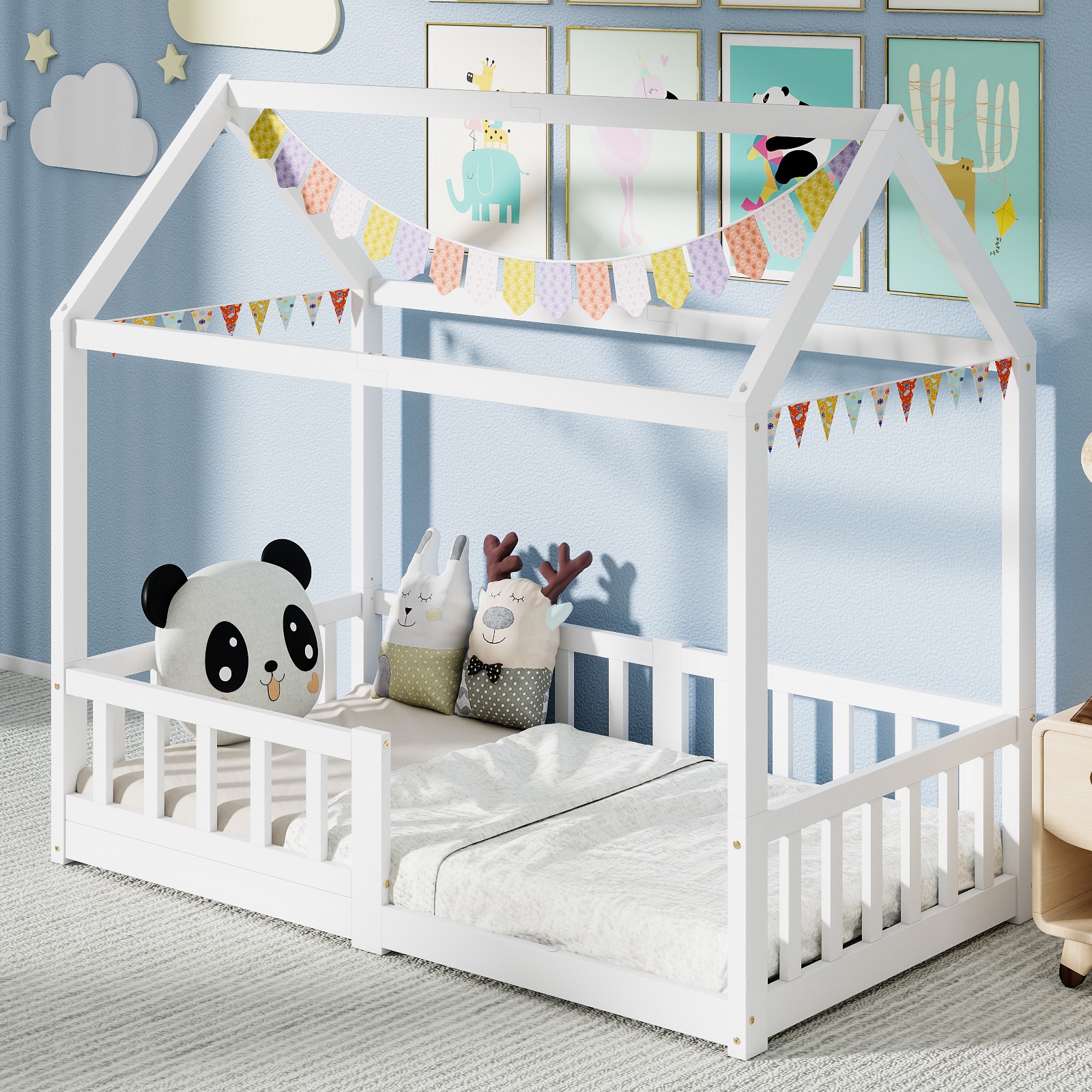 NAIZEA House Bed Toddler Solid Wood Kids House Bed Montessori Floor Bed w / Roof