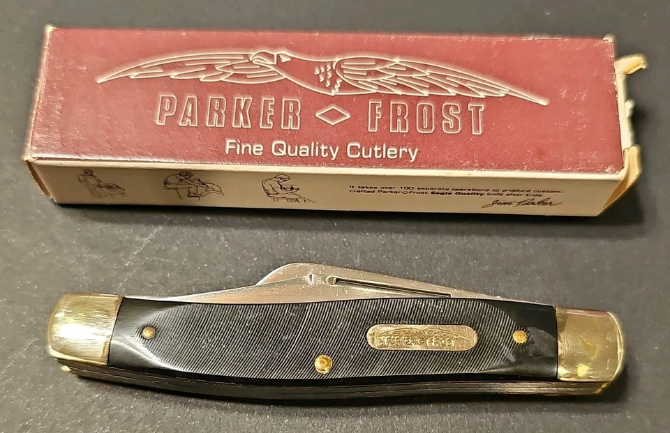 Faca de bolso vintage Parker-Frost EUA 1978-9 Bison Etch com caixa Stockman  - Imagem 2 de 4
