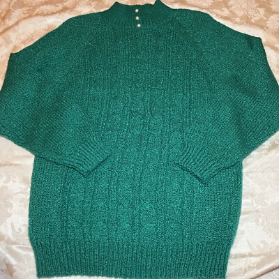 Vintage Emerald Green Knit Sweater Holiday Christmas Pearl Buttons 