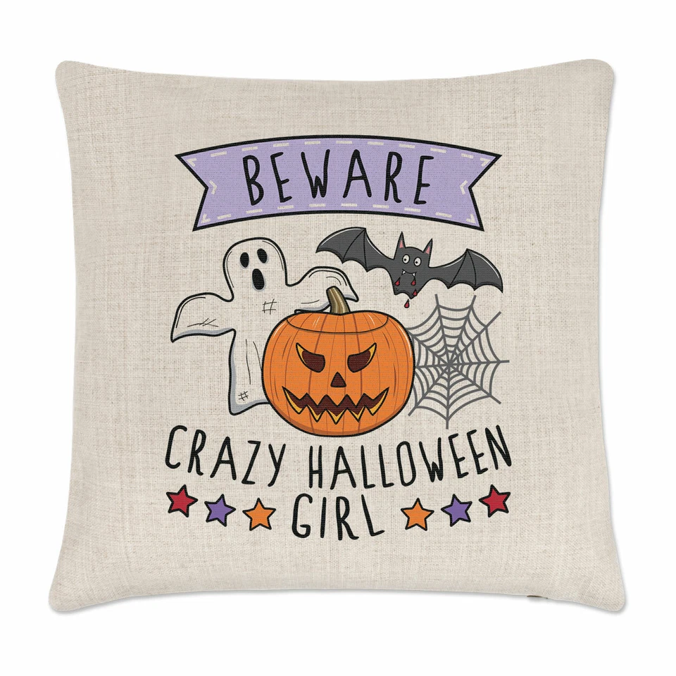 Attention Fou Halloween Fille Coussin Housse Oreiller Fantôme Potiron Drôle - Photo 1/1