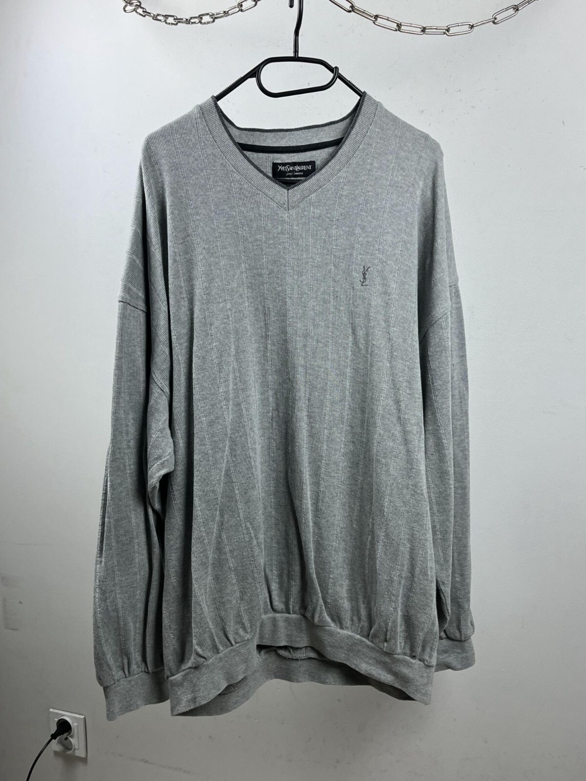 Maglione Yves Saint Laurent uomo grigio scollo a V XX Large cotone