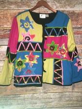 Vtg  Earth Sea & Sky Blazer Jacket Embroidered Appliques Sz Xl Art Linen