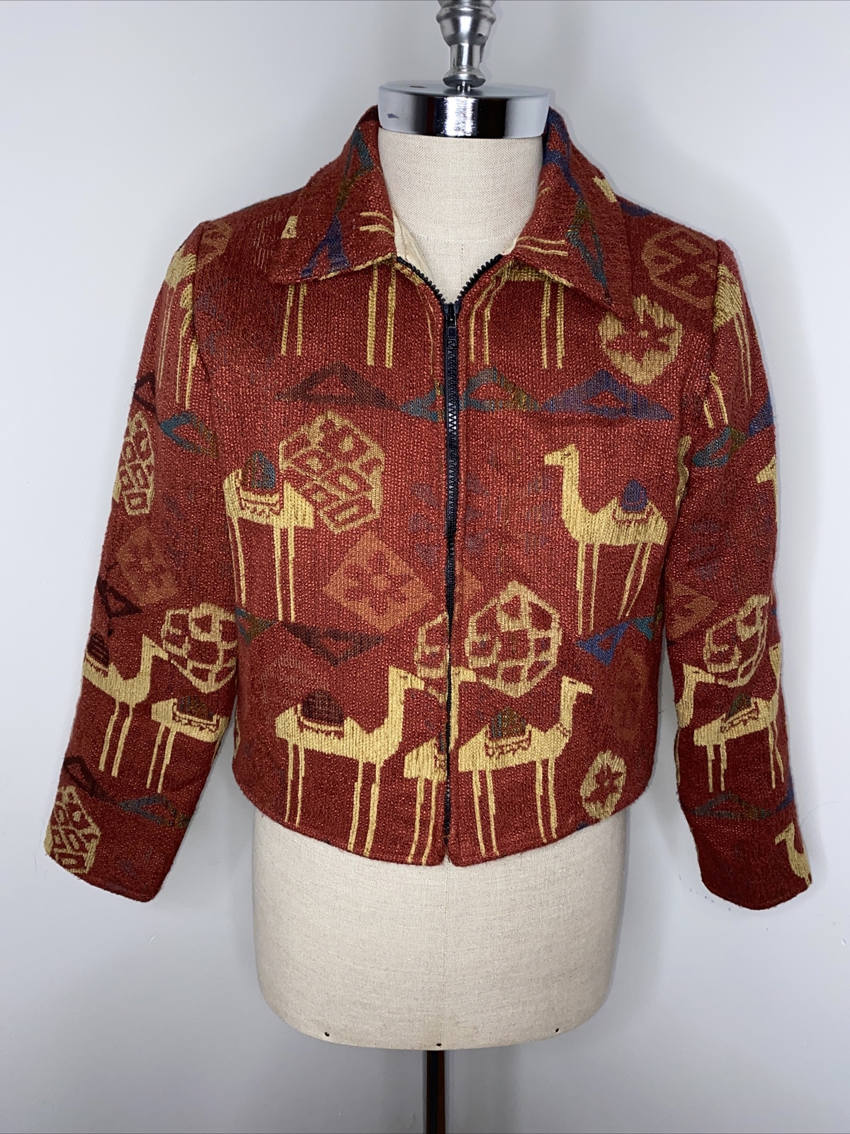 Giacca blazer pony vintage dipinta con cerniera taglia M arancione ruggine marrone chiaro stampa cammello
