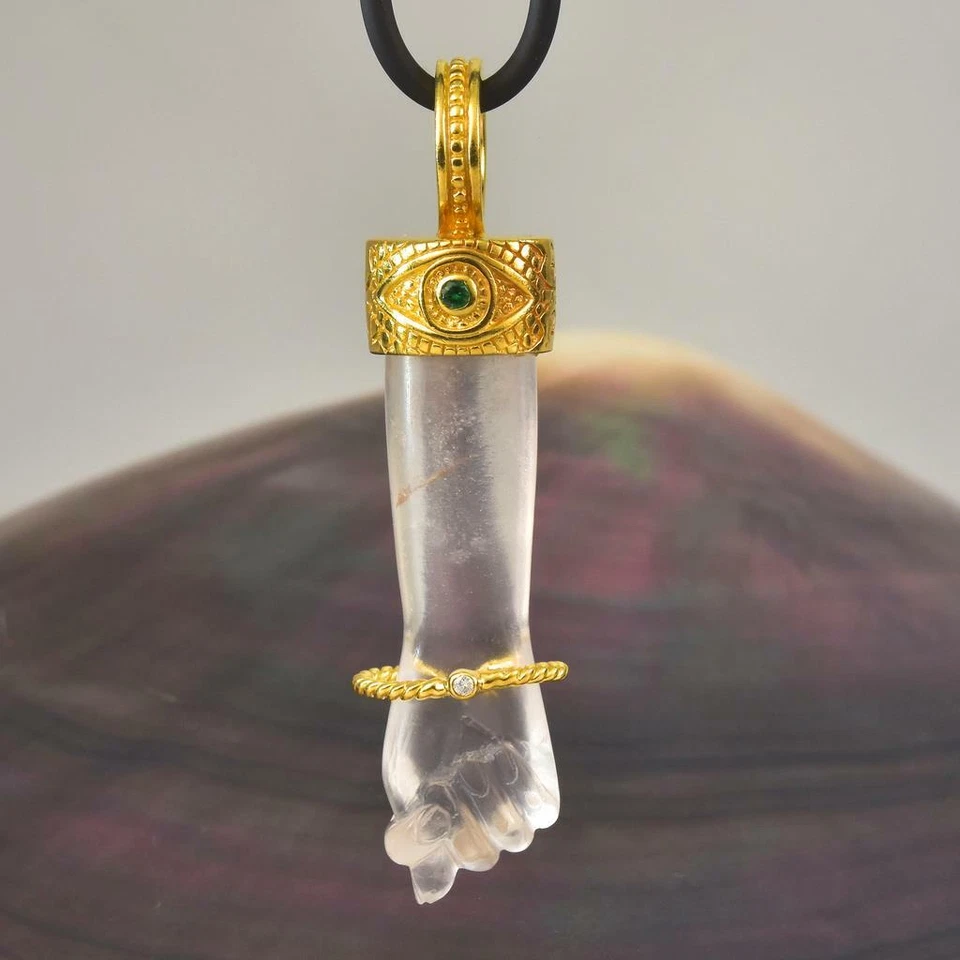 Gold Vermeil Sterling Mano Fico Figa Anhänger Kristallquarz Smaragd Diamant 12 g - Bild 2 von 4