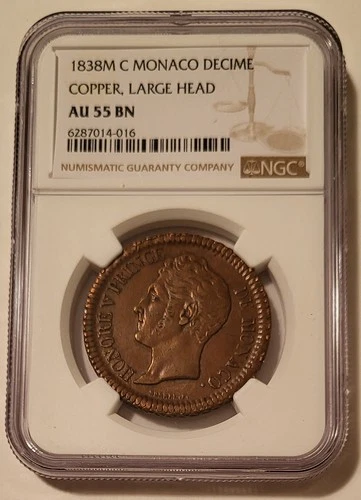 Monaco 1838 M C Decime Copper Large Head AU55 BN NGC