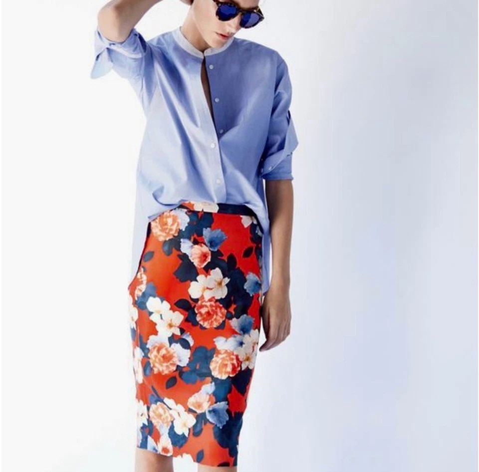 NUEVO SIN ETIQUETAS $298 J. Falda Lápiz Colección Crew Gráfica Peonía Floral, Lana Seda Talla 6