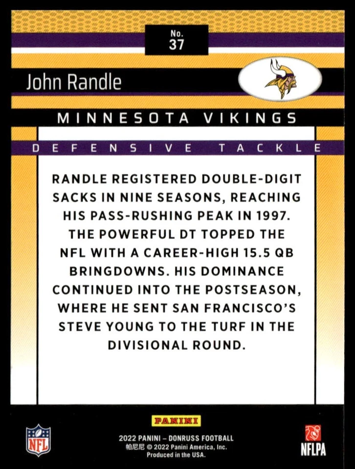 John Randle 2022 Donruss #37 Retro 2002 Minnesota Vikings - Image 2 of 2