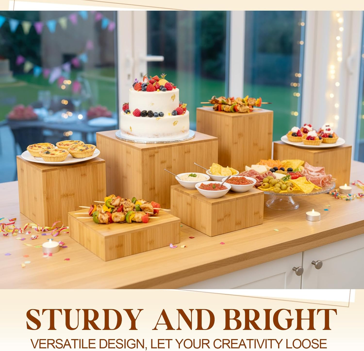 Bamboo Buffet Risers Set - 6 Sizes for Food Display and Home Decor