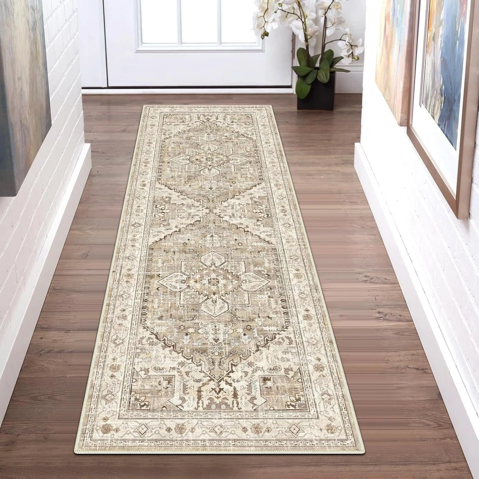 Beige Brown Luxury Hallway Runner Persian Design Non-Slip Washable Corridor Rug - Photo 1/1