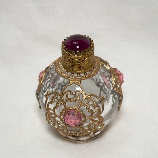 Vintage Czech Perfume Scent Bottle w/ Gold Metal Cladding Filigree & Rhinestones