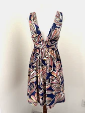 Trina Turk Size P NEW W/Tag Plunge V-Neck Sleeveless Sun Dress Lined Mod Print
