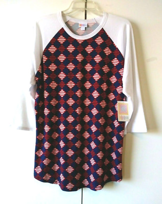 NEW WOMEN'S LULAROE RANDY RED WHITE BLUE BODY SOLID WHITE SLEEVES TOP SIZE XL
