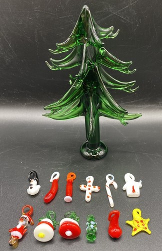 6" Green Spun Glass Hand Blown Christmas Tree W/ 10 Glass Ornaments - NEW - Picture 9 of 13