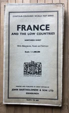 France 1956 map on cloth, Bartholomew, contour-coloured world map series