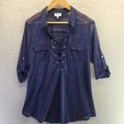 Siren Lily Blouse Womens Medium Blue Tie V Neck Roll Tab Sleeve Pullover Pocket