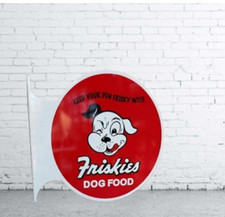 Friskies Dog Food Porcelain Enamel Heavy Metal Sign 18 Inches With Flange
