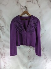 Geiger Jacket Women Medium 38 Purple Boiled Wool Button Puff Sleeve Crochet Vtg