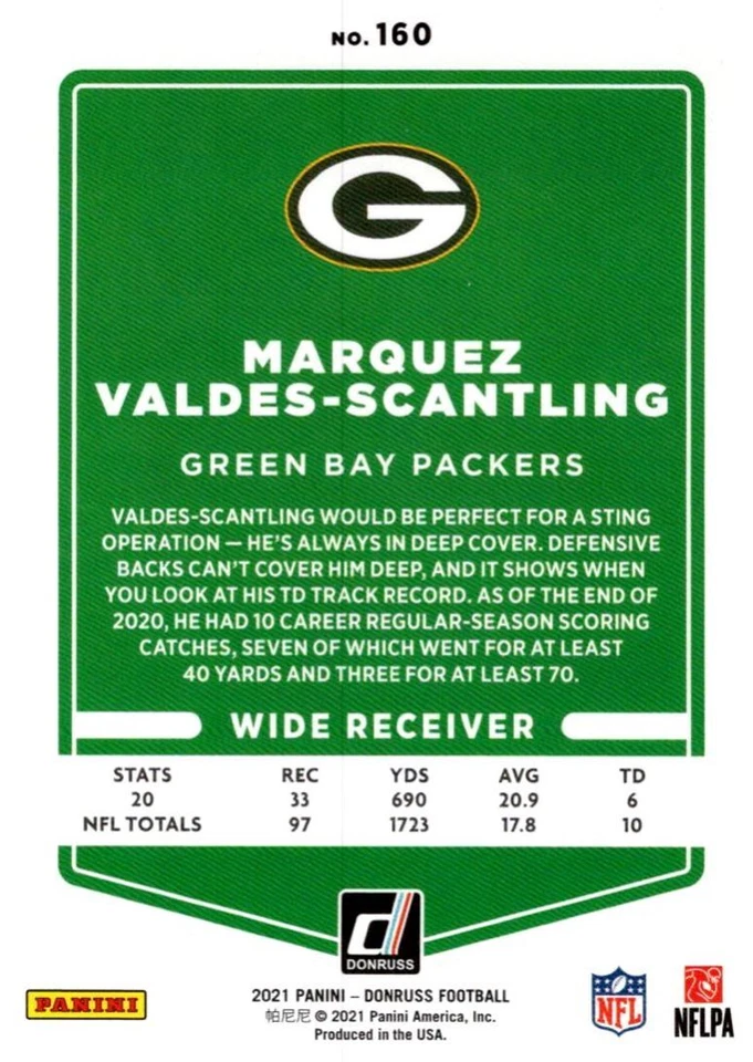 2021 Donruss Press Proof Green Marquez Valdes-Scantling Green Bay Packers #160 - Image 2 of 2