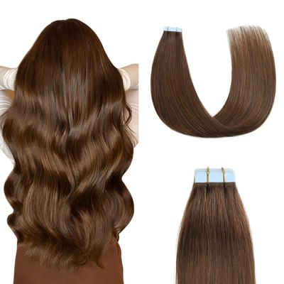 Hair Extensions Human Hair #4 Medium Brown Straight Tape in  display picture 1