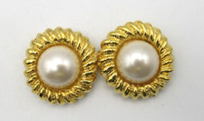 Vintage Faux Pearl Flower Shoe Clips Ornate Gold Tone Round 1 1/4"
