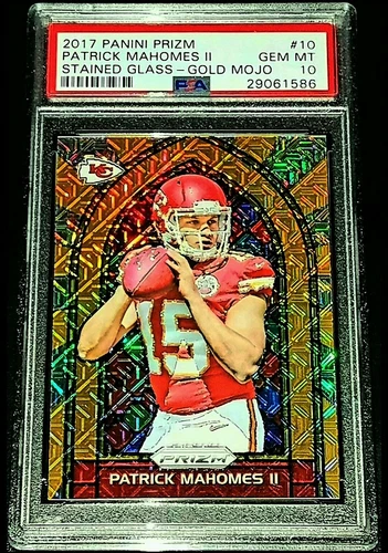 PATRICK MAHOMES II 2017 PANINI PRIZM STAINED GLASS GOLD MOJO RC SP #02/10 PSA 10