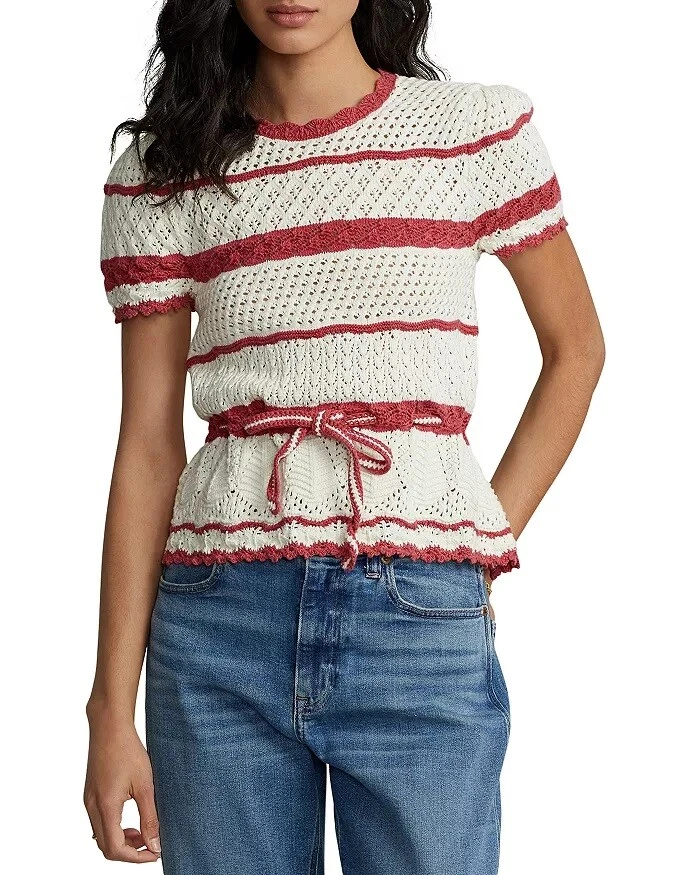 Polo Ralph Lauren Womenu0026#039;s Striped Pointelle Short-Sleeve Sweater- Size  M | eBay
