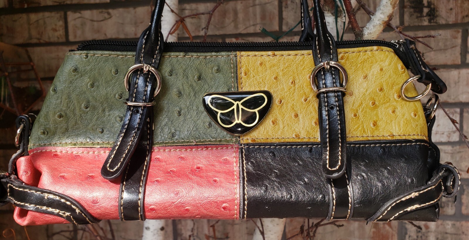 Faux Leather Patchwork Multicolored Zippered Hand… - image 2