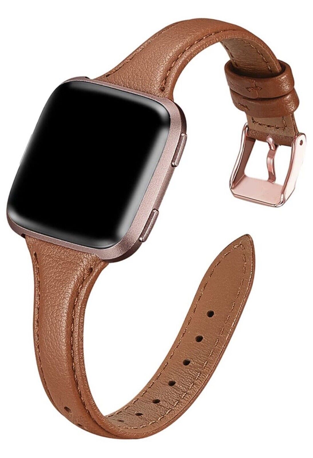 WFEAGL Watch Band Natural Leather For Fitbit Versa - Wristband Brown Rose Gold