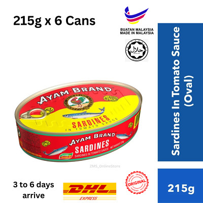 Ayam Brand Sardines in Tomato Sauce 215g x 6 Oval Cans - FREE EXPRESS SHIPPING