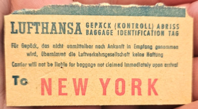 Lufthansa Airlines 1963 Baggage Identification Tag Ticket To New York
