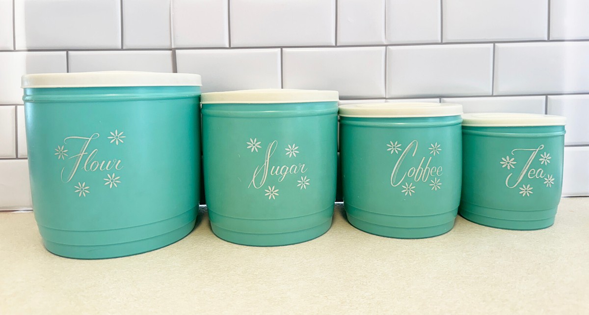 1950s Vintage Stanley Atomic Turqoise Plastic Canister Set of Four