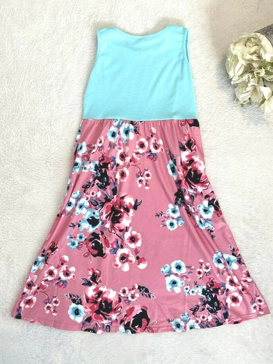 Size 3-4 Years Girls Dress New Sky Blue & Pink Floral Girls Dress with Pockets 