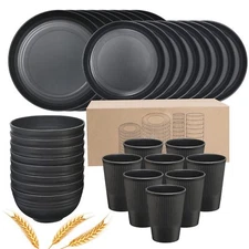Wheat Straw Dinnerware Sets Black Plates and Bowls  Reusable Dishwasher 32 Pcs