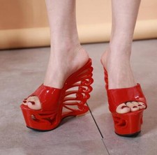 Womens Hollow Out Wedge Heel Sandal Platform Slip On Peep Toe Summer Slippers