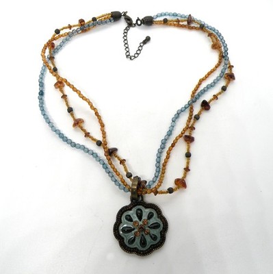 Multicolor Beaded 3 Strands Women Brass Tone Jewelry Crystal Pendant Necklace