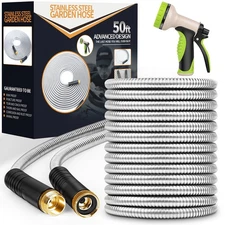 Garden Hose 50 ft, Stainless Steel Water Hose with 10 Function Nozzle Flexibl...