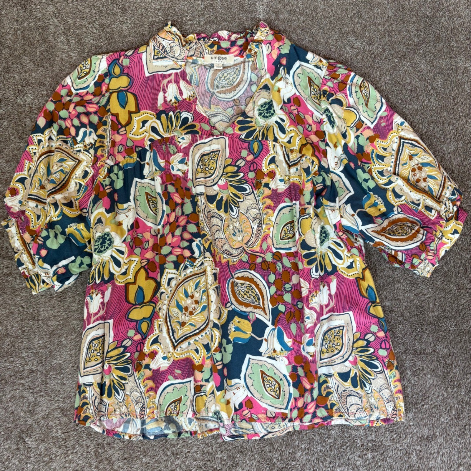 Umgee Women's M Pink Paisley Floral Boho Bell Sleeve V Neck Tunic Top Blouse
