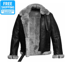 Mens Raf B3 Real Leather Jacket Aviator Flying Bomber SheepSkin Pilot Coat Black