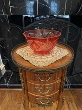 vintage ruby red cut-to-clear crystal bowl, likely of Bohemian or Czech origin