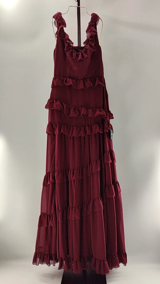 Maxi Vestido Lulus Mujer Convincente Romántico Borgoña con Volantes en Niveles S Foto 2 de 3