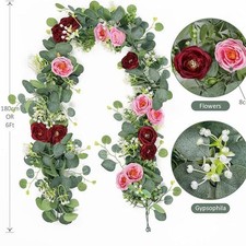 6FT Artificial Eucalyptus Garland with Blue White Roses for Weddings and Events